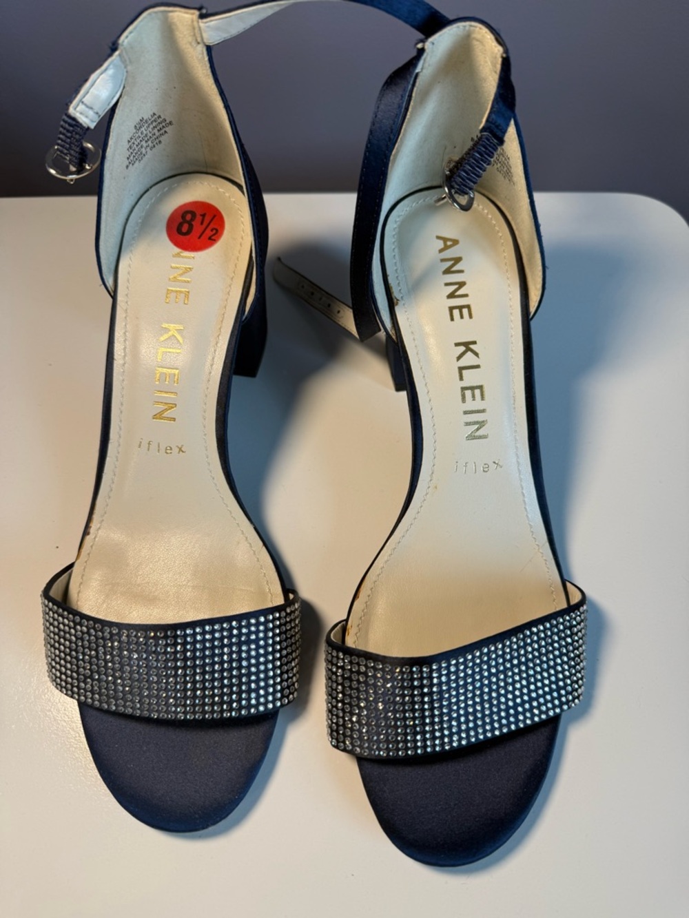 Anne Klein Navy Crystal-Embellished Ankle-Strap Heels